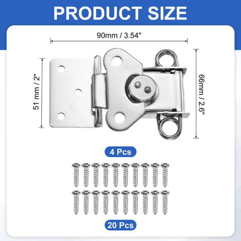 Heavy Duty Spring Loaded Butterfly Twist Latch With Keeper, Built Tough Steel Chrome Silver Finish, 3.54 X 2.6 Inch, 4 Pack close-up with dimensions and screws