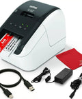 Turbo Fast Label Printer For Shipping And Address Labels With Auto Cutter, Crisp 300 DPI Black And Red Output, Works With DK-2251 Label Rolls For Packages And Envelopes, Renewed, showing printer and accessories.