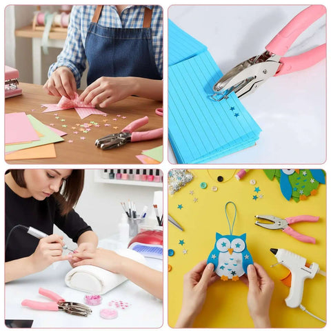 Crafting scenes featuring Pink Star Shaped Hole Puncher Five Millimeter With Rubber Grip Handle for paper crafts and DIY projects.
