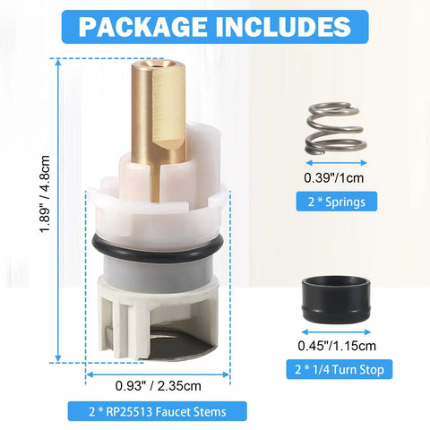 Heavy Duty Faucet Stem Assembly Kit For Two Handle Kitchen Bath And Tub Shower Universal Replacement Parts showing brass stem, springs, and turn stops.