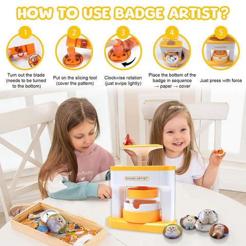 Children using DIY Button Maker Kit with 55 mm pin badges, including badge maker machine and button parts, in a playful setting.