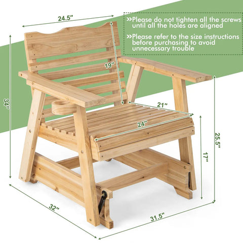 Outdoor Fir Wood Glider Chair With Hidden Rotatable Cup Holder And Curved Seat For Porch Patio And Backyard Natural Finish