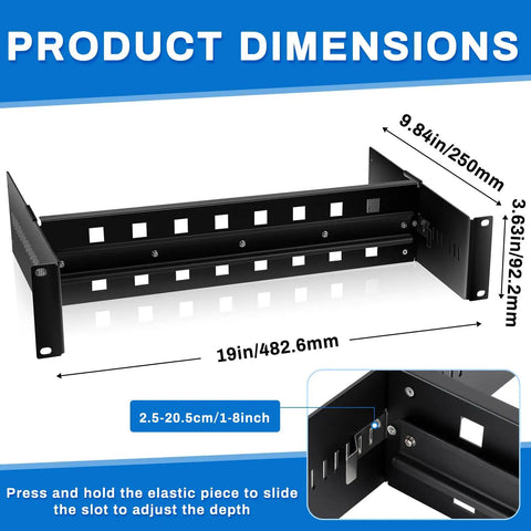 Black 19 Inch Rack Mount DIN Rail Kit Aluminum Alloy Adjustable Rails Bracket For Industrial Media Converters And Ethernet Switches dimensions