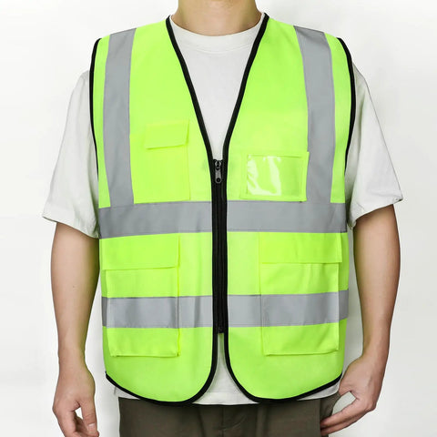 Straight Up Heavy Duty Reflective Safety Vests Bulk 100 Pack With Zipper And Utility Pockets Fluorescent Green high visibility vest with pockets.