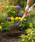 Gardener shoveling soil in garden using Short Wooden Shovel Handle Replacement 36cm For Garden Shovels, Spades, Rakes And Pitchforks