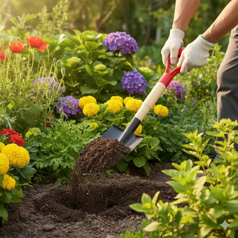 Gardener shoveling soil in garden using Short Wooden Shovel Handle Replacement 36cm For Garden Shovels, Spades, Rakes And Pitchforks
