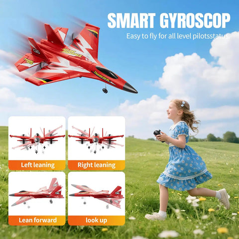Foam RC Plane For Kids And Adults, Easy To Fly With Gyro Stabilizer, 2.4GHz Remote Control Jet Fighter flying in the sky.