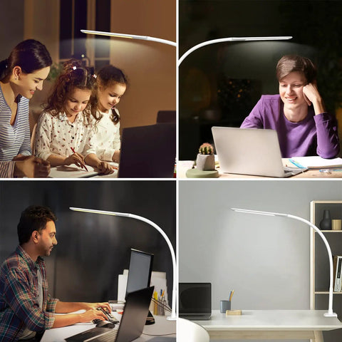 Collage of people using LED Desk Lamp With Clamp Workhorse Flexible Gooseneck Architect Table Lamp 5 Brightness Levels And 4 Color Modes Touch Control Eye Care 10W Desk Light For Home Office Reading White in various settings.