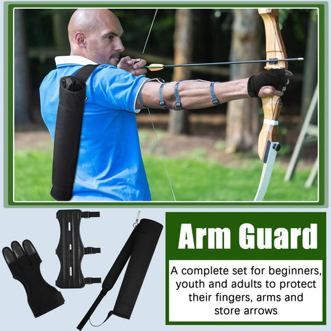 Archer using Three Piece Archery Set With Leather Padded Arm Guard Three Finger Hunting Gloves And Quiver Hip Bag