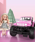 Pink DIY Sticker RC Jeep for Girls with doll, 2.4GHz remote control, off-road wheels, next to a decorative tree, toy car.