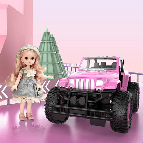 Pink DIY Sticker RC Jeep for Girls with doll, 2.4GHz remote control, off-road wheels, next to a decorative tree, toy car.
