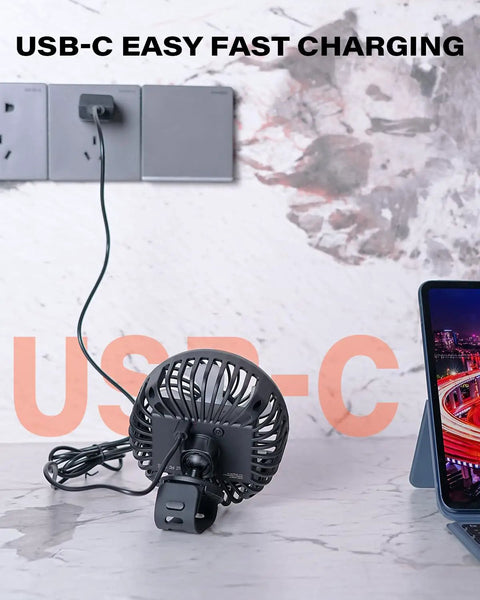 Rechargeable Golf Cart Clip On Fan USB-C charging with visible clip, for EZGO Club Car Yamaha, portable cooling solution.