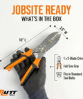 Five Blade Sheet Metal Crimp Tool With Ergonomic Grip held in gloved hand, showcasing its 10-inch length and 3.5-inch width.