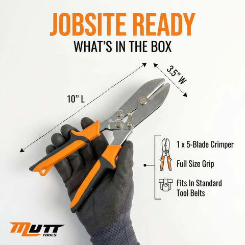 Five Blade Sheet Metal Crimp Tool With Ergonomic Grip held in gloved hand, showcasing its 10-inch length and 3.5-inch width.