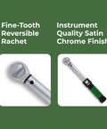 Click Style Torque Wrench With Three Eighths Inch Drive 50 To 250 Inch Pounds Range, fine-tooth ratchet and chrome finish. Ergonomic grip.