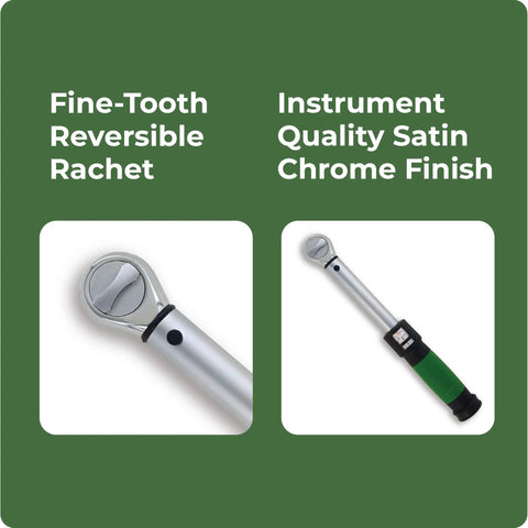 Click Style Torque Wrench With Three Eighths Inch Drive 50 To 250 Inch Pounds Range, fine-tooth ratchet and chrome finish. Ergonomic grip.