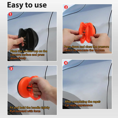 Orange Suction Cup Dent Puller Kit For Car Body Repair With Dent Remover Tool And Two Small Dent Repair Tools Includes Microfiber Wash Mitt For Hail Damage And Easy Auto Body Dent Fix, step 1 on car panel