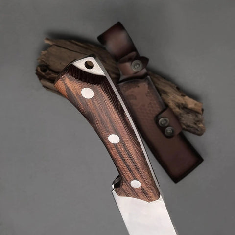 Close-up of wooden handle on Beefy Dual Purpose Kitchen And Outdoor Cleaver For Bone Chopping And Bushcraft Wood Splitting Ultra Sharp 80 Degree Blade