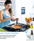 Woman cooking with Silicone Stove Gap Cover 2 Pack 25 Inch Heat Resistant Gap Filler Seals Spills Between Counter Stovetop