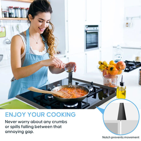 Woman cooking with Silicone Stove Gap Cover 2 Pack 25 Inch Heat Resistant Gap Filler Seals Spills Between Counter Stovetop