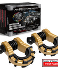 Two Pack Three Quarters Inch Mega D Ring Shackles With Seven Eighths Inch Screw Pin For Heavy Duty Vehicle Recovery And Towing Straps Winch Off Road Gold Finish 68,000 Lbs Break Strength 17,000 Lbs WLL displayed with packaging