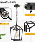 Details of the Rustic Black Pendant Light For Kitchen Island Industrial Hanging Lantern With Metal Cage Chandelier showing mounting plate, black metal cage, and socket.