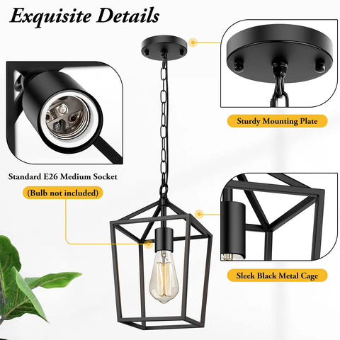 Details of the Rustic Black Pendant Light For Kitchen Island Industrial Hanging Lantern With Metal Cage Chandelier showing mounting plate, black metal cage, and socket.