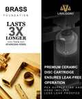 Promotional image for polished chrome single hole bathroom faucet with features like brass foundation and ceramic disc cartridge.