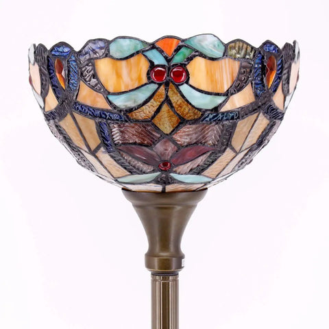Orange Tiffany Style Floor Lamp With Stained Glass Shade, 12 Inch Wide 71 Inch Tall Torchiere, Antique Bronze Base