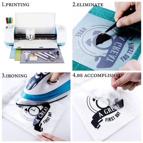 Step-by-step use of HTV Heat Transfer Vinyl Bundle For T Shirts 10x12 Inch Sheets 12 Pack with printer, cutter, iron, and finished design