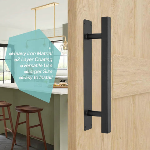 Heavy Duty 12 Inch Iron Square Pipe Sliding Door Handles Black Pack Of 2 For Garage Gates Fences Sheds Barn Doors Farmhouse Furniture Closet Drawer Pulls Durable Steel Construction With Weather Resistant Black Coating For Indoor And Outdoor Use installed on door