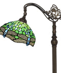 Stained Glass Tiffany Floor Lamp with Arched Gooseneck Adjustable Angle Reading Light in Green Dragonfly Glass Bronze Base 12 Inch Shade UL Certified Standing Lamp for Living Room or Reading Nook to Elevate Your Vibe, close-up of shade and ornate gooseneck
