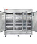 Heavy Duty Commercial Reach In Fridge With Three Tempered Glass Doors Solid Stainless Steel kitchen workhorse open showcasing shelves.