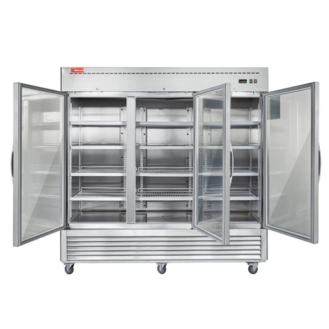 Heavy Duty Commercial Reach In Fridge With Three Tempered Glass Doors Solid Stainless Steel kitchen workhorse open showcasing shelves.