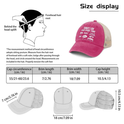 Funny Spare Time Humor RV Camper Sun Hat For Him Pink Running Cap with size display and measurement guide