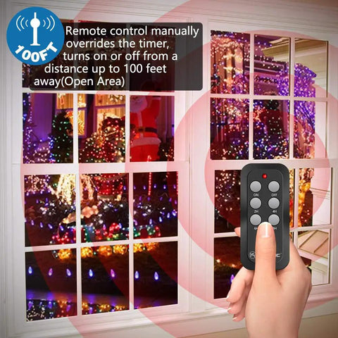 Kickass Waterproof Plug In Outdoor Light Timer With Remote Control And Automatic Dusk To Dawn Sensor Switch For Yard Halloween Christmas Seasonal Lighting. Hand holding remote near festive lights.
