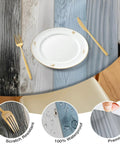 Wood Grain Round Tablecloth With Elastic Edge Spill Proof Waterproof And Oil Proof Fitted Cover For Indoor Outdoor Patio Tables 48 Inch Diameter Wipeable Stain Resistant Fits Round Tables From 46 To 50 Inches with a plate and cutlery on top, showcasing scratch resistance and waterproof features.