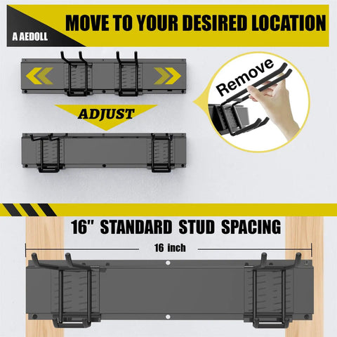 Heavy Duty Wall Mount Garage Tool Organizer With Adjustable Sliding Hooks, 500 Lbs Capacity, Anti Rust Steel Rack Installation
