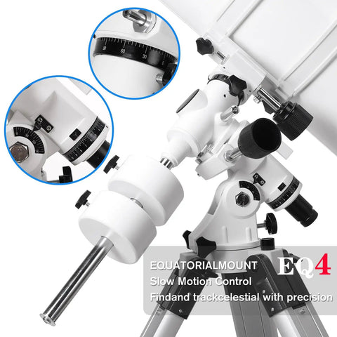 Detail view of EQ4 mount from Dope 203mm Aperture Reflector Telescope For Adults, 800mm Focal Length, shown with telescope attached.