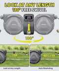 Heavy Duty Retractable Garden Hose Reel With Wall Mount 110 Feet Half Inch Hose Three Quarter Inch Brass Fittings Ten Pattern Nozzle Any Length Lock Slow Auto Retraction 180 Degree Swivel Tangle Free Design UV Resistant showing swivel feature and lock at any length