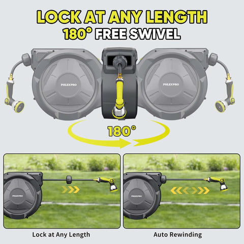 Heavy Duty Retractable Garden Hose Reel With Wall Mount 110 Feet Half Inch Hose Three Quarter Inch Brass Fittings Ten Pattern Nozzle Any Length Lock Slow Auto Retraction 180 Degree Swivel Tangle Free Design UV Resistant showing swivel feature and lock at any length