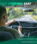 Driver using steering wheel in car with view of road ahead, demonstrating ease of steering.