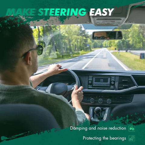 Driver using steering wheel in car with view of road ahead, demonstrating ease of steering.