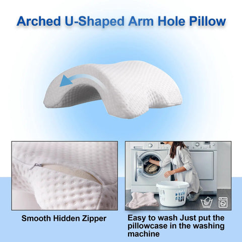 Couples Cuddle Pillow With Memory Foam Arched U Shaped Arm Hole For Travel Rest Office And Bed, showing zipper and washing