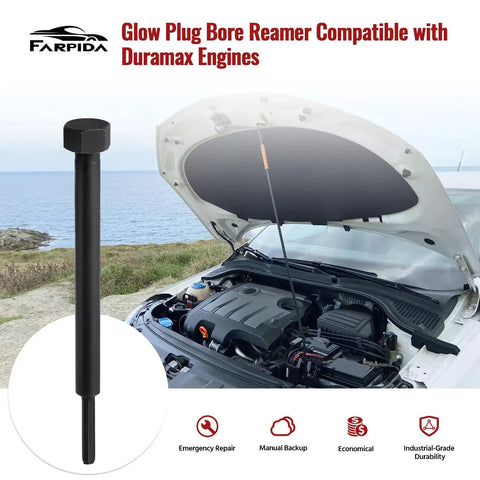 Gearhead Grade Glow Plug Bore Reamer For Duramax 6.6L 3.0L 2.8L Diesel Engines, GM 52074 EN 52074 Replacement Tool Visible Next to Open Hood