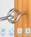 Nickel-plated eye hook screw installed in wood, showcasing Nine Size Eye Hooks Screws Kit 306 Piece Assortment Nickel Plated For Waterproof Durability.