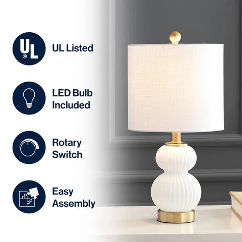 Ribbed Gourd Glass Table Lamp In White And Brass Gold Dope Modern Bedside Light With White Linen Drum Shade 20 Inch Tall LED Bulb Included Perfect For Bedroom Or Living Room on table