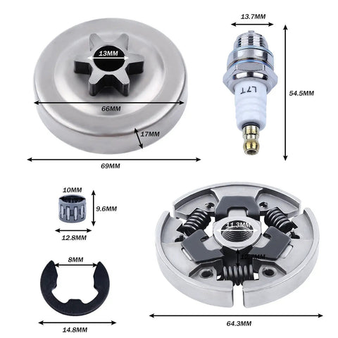 Components of 7 Piece Chainsaw Sprocket Clutch Drum Kit With Three Eighths Inch Pitch Replacement Parts For 017 018 021 023 MS170 MS180 MS210 MS230 MS250 Chainsaw Includes Needle Bearing Washer And E Clip Worm Gear