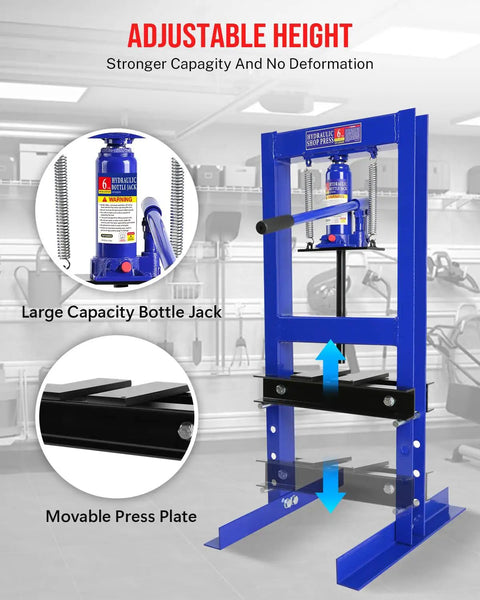 Beast 6 Ton Hydraulic Shop Press With Adjustable Height And H Frame Bearing And U Joint Adapter Heavy Duty Metalworking Tool For Auto Repairs Bending Straightening Installations And Press Fits, blue steel frame with bottle jack and movable press plate