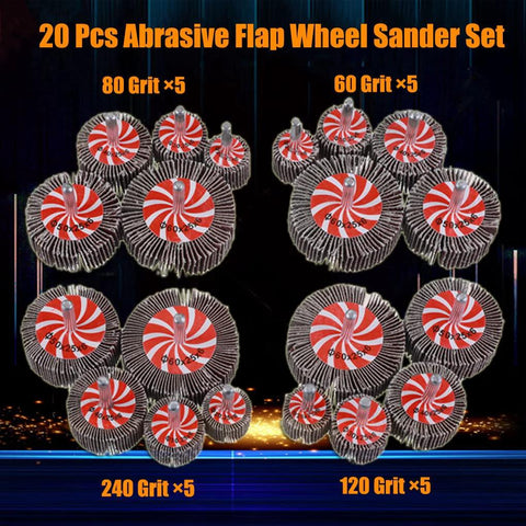 Mixiflor 20-piece abrasive flap wheel set with 60/80/120/240 grit, 1/4 inch shank for drill and die grinder